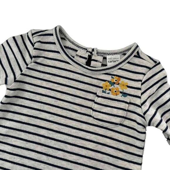 Carter's Girls Gray Striped Long Sleeve Floral Detail 100% Cotton Top 9M Baby - Picture 4 of 7